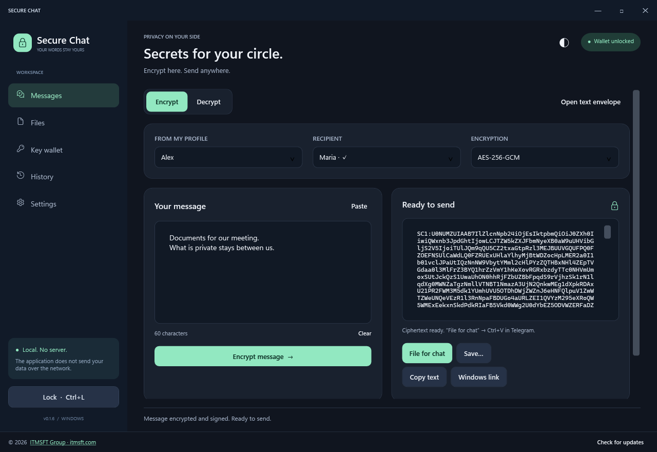 Secure Chat: original message on the left and encrypted container on the right
