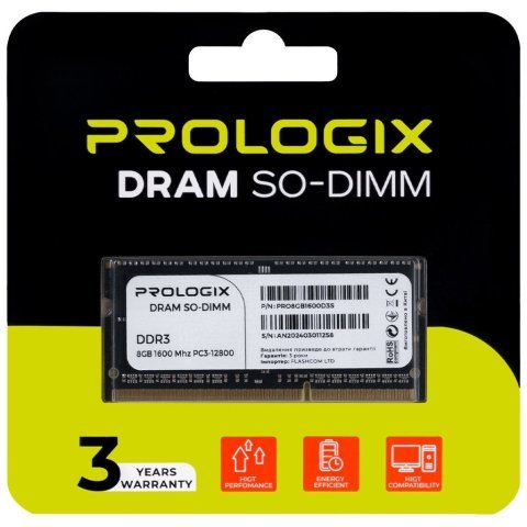 Модуль памяти для ноутбука SoDIMM DDR3 8GB 1600 MHz Prologix (PRO8GB1600D3S) - Нулевой остаток (Feed)  - Нулевой остаток (Feed)