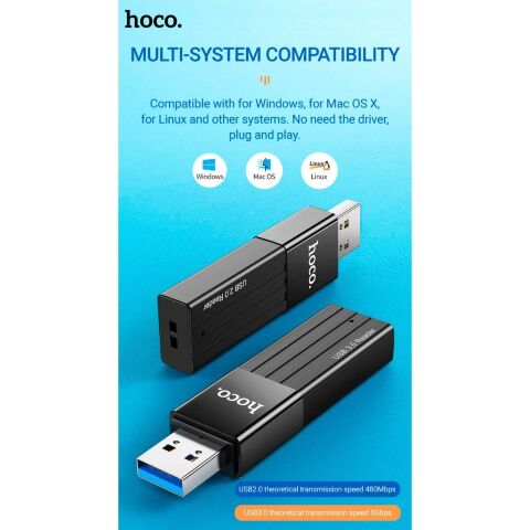 Считыватель флеш-карт HOCO USB3.0 to microSD, microSDHC, microSDXC, SD, SDHC, SDXC, HB20 Black (6931474735218) - Нулевой остаток (Feed) - Нулевой остаток (Feed)