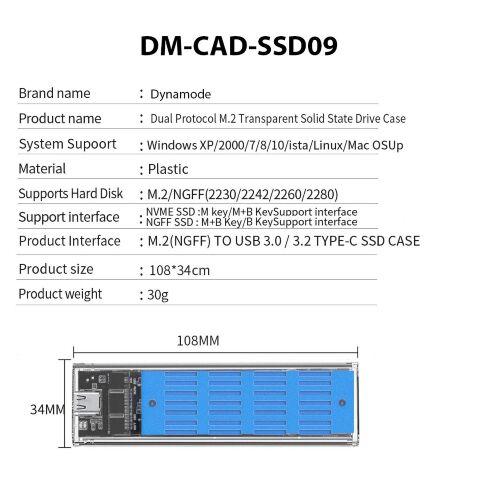 Карман внешний Dynamode M.2 SSD NVMe/SATA combo ч-з USB3.2 GEN2 Type-C (DM-CAD-SSD09) - Аксессуары к HDD - Аксессуары к HDD