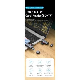 Считыватель флеш-карт Vention USB 3.0 AM/USB-C to SD+TF Gray Dual Drive Letter Aluminum Alloy (CLLH0)
