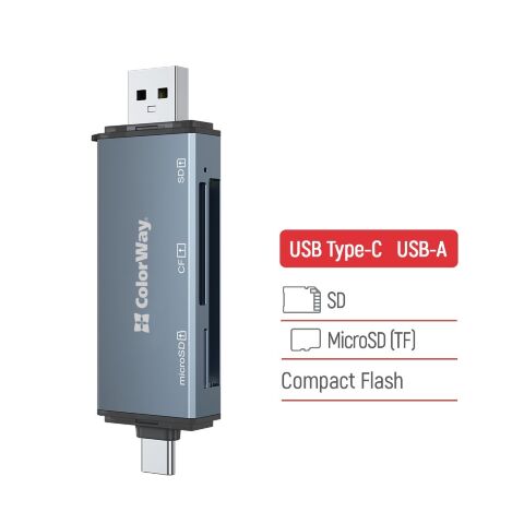 Считыватель флеш-карт ColorWay USB 2.0/USB-C to CF/SD/MicroSD (CW-CR-01) - Нулевой остаток (Feed)  - Нулевой остаток (Feed) 