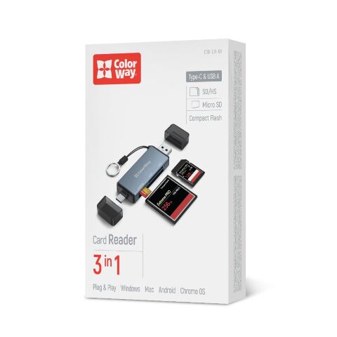 Считыватель флеш-карт ColorWay USB 2.0/USB-C to CF/SD/MicroSD (CW-CR-01) - Нулевой остаток (Feed)  - Нулевой остаток (Feed) 