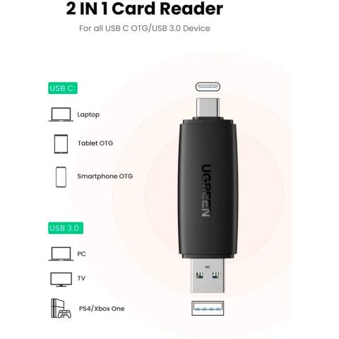 Считыватель флеш-карт Ugreen USB-C + USB to TF/SD 3.0 CM304 black (80191) - Нулевой остаток (Feed)  - Нулевой остаток (Feed) 
