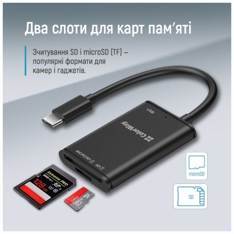 Считыватель флеш-карт ColorWay USB-C to USB 3.0/SD/MicroSD (CW-CR-02) - Нулевой остаток (Feed)  - Нулевой остаток (Feed) 