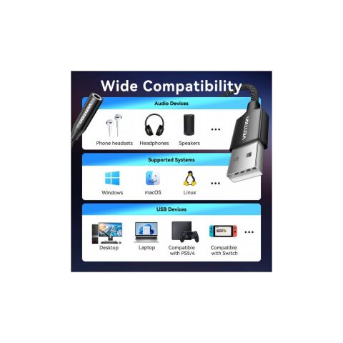 Звуковая плата VENTION USB AM to 3.5mm F 0.25m (4pin) 96kHz/24bit DSP noise reduction (CVEBC) - Звуковые платы - Звуковые платы