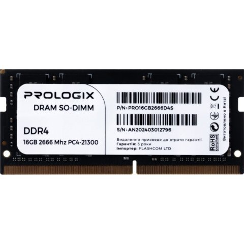 Модуль памяти для ноутбука SoDIMM DDR4 16GB 2666 MHz Prologix (PRO16GB2666D4S) - Нулевой остаток (Feed) - Нулевой остаток (Feed)
